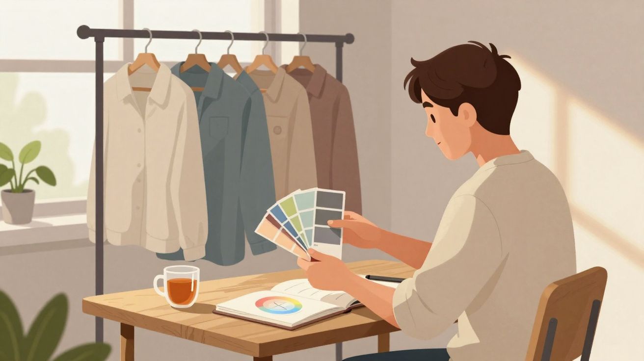 Homme choisissant des échantillons de couleurs pour des vêtements dans une pièce lumineuse.