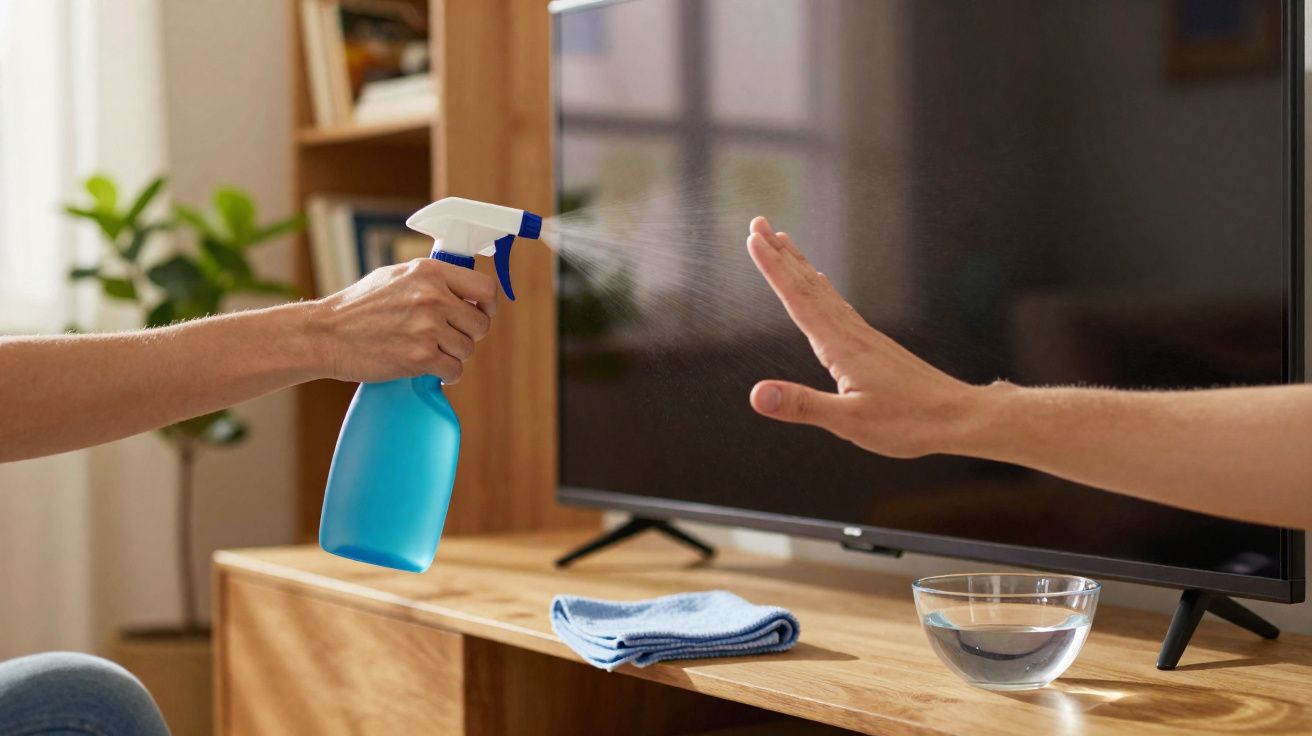 Une main tenant un vaporisateur bleu pulvérise un liquide face à une autre main levée devant un écran de télévision.