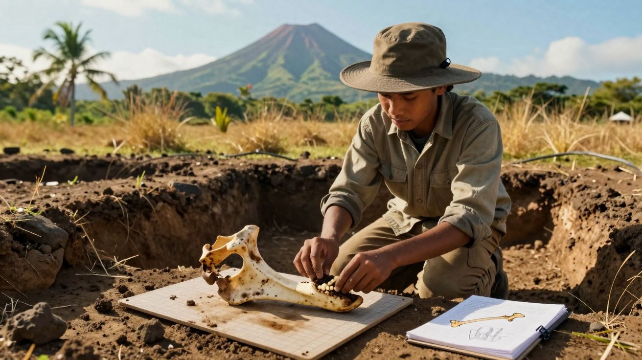 Jeune archéologue examinant une mâchoire fossile sur un site de fouilles avec un volcan en arrière-plan.