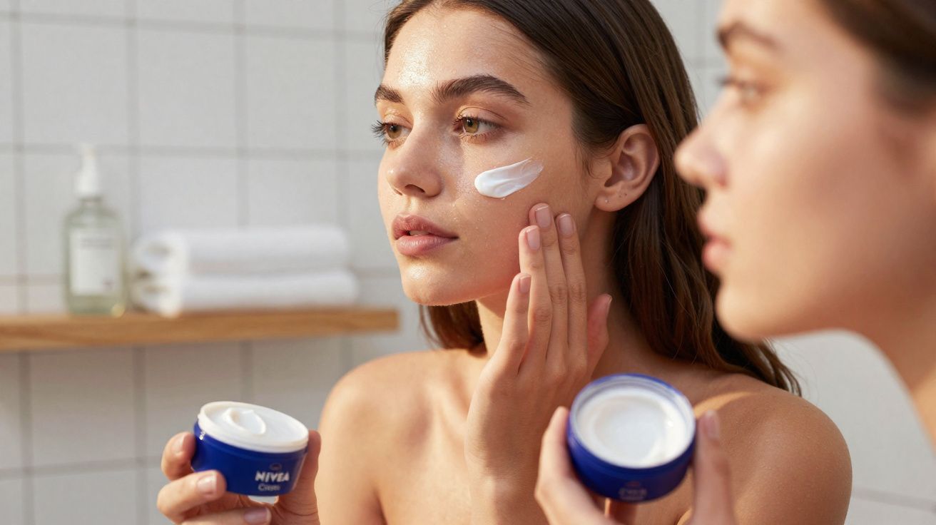 Jeune femme appliquant une crème hydratante sur son visage dans une salle de bain lumineuse.