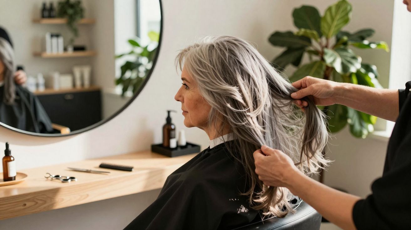 Femme aux cheveux gris longs assise dans un salon de coiffure pendant que le coiffeur touche ses cheveux.