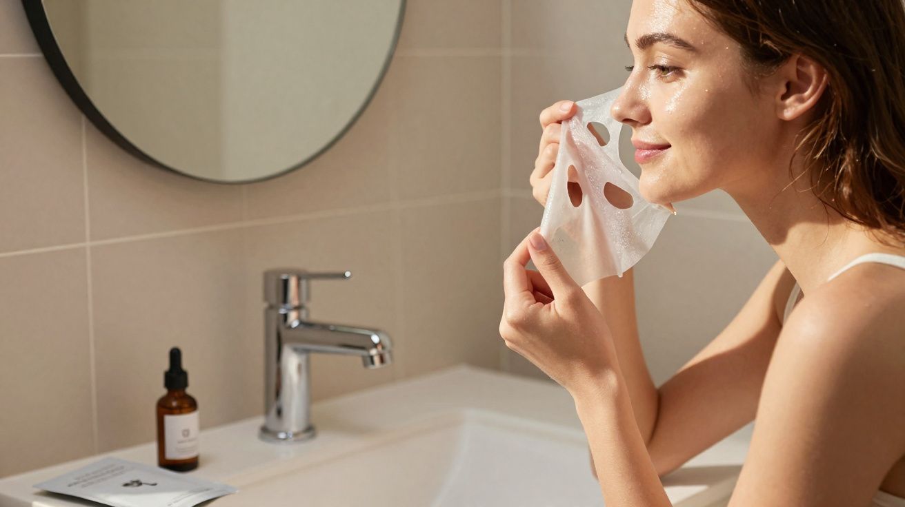 Femme appliquant un masque facial en tissu dans une salle de bain lumineuse près du lavabo.