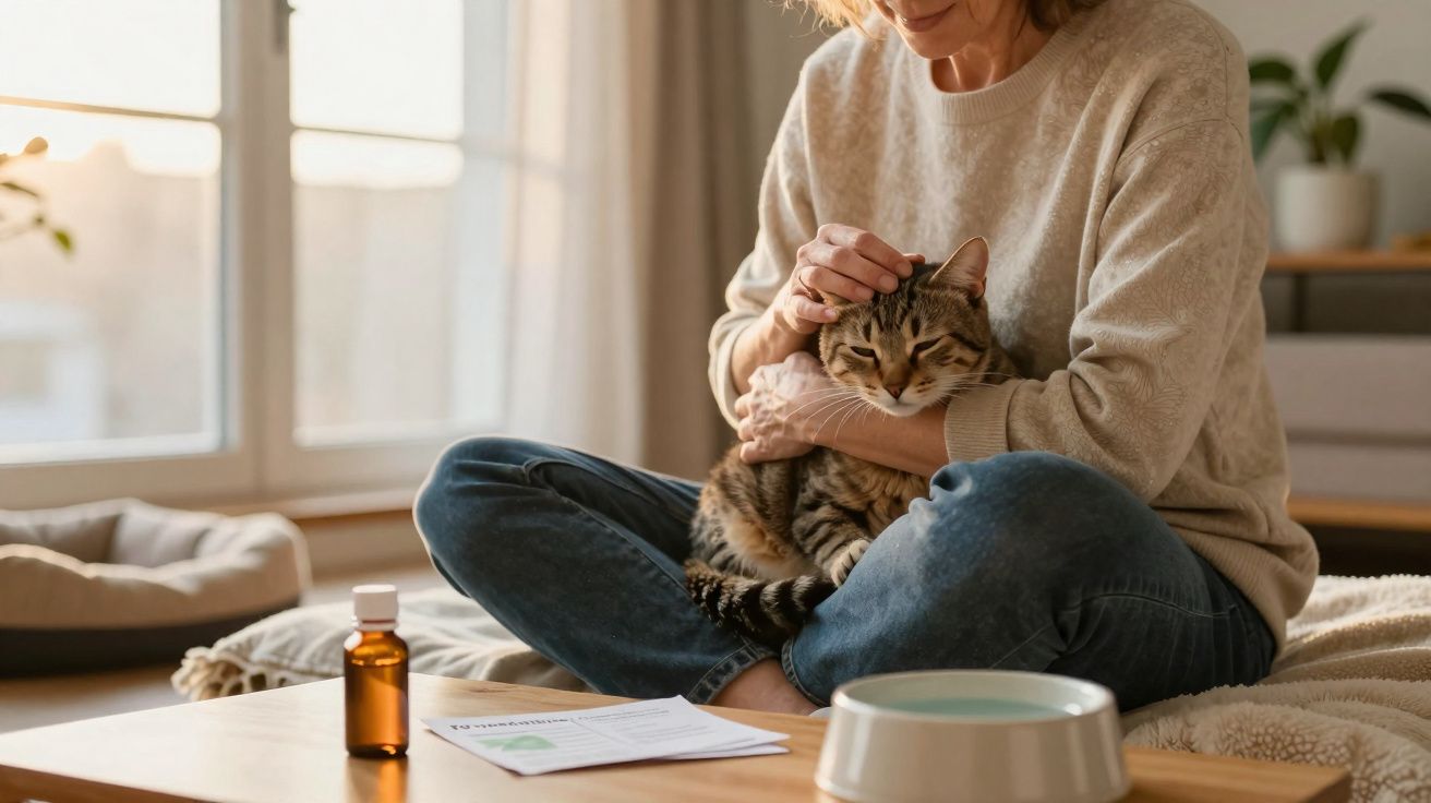 Femme assise en tailleur caressant un chat tigré dans un salon lumineux avec un flacon et un bol sur la table.