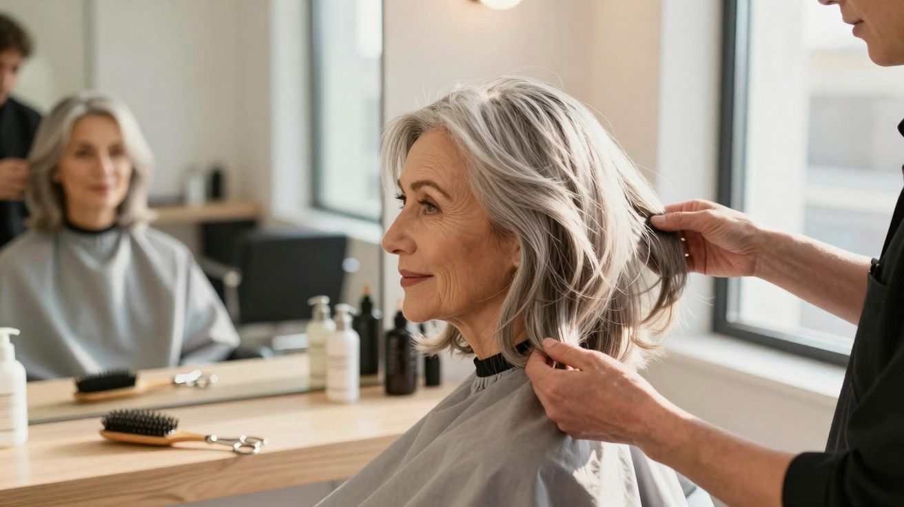 Femme aux cheveux gris assise chez le coiffeur, lissant ses cheveux avec soin devant un miroir.