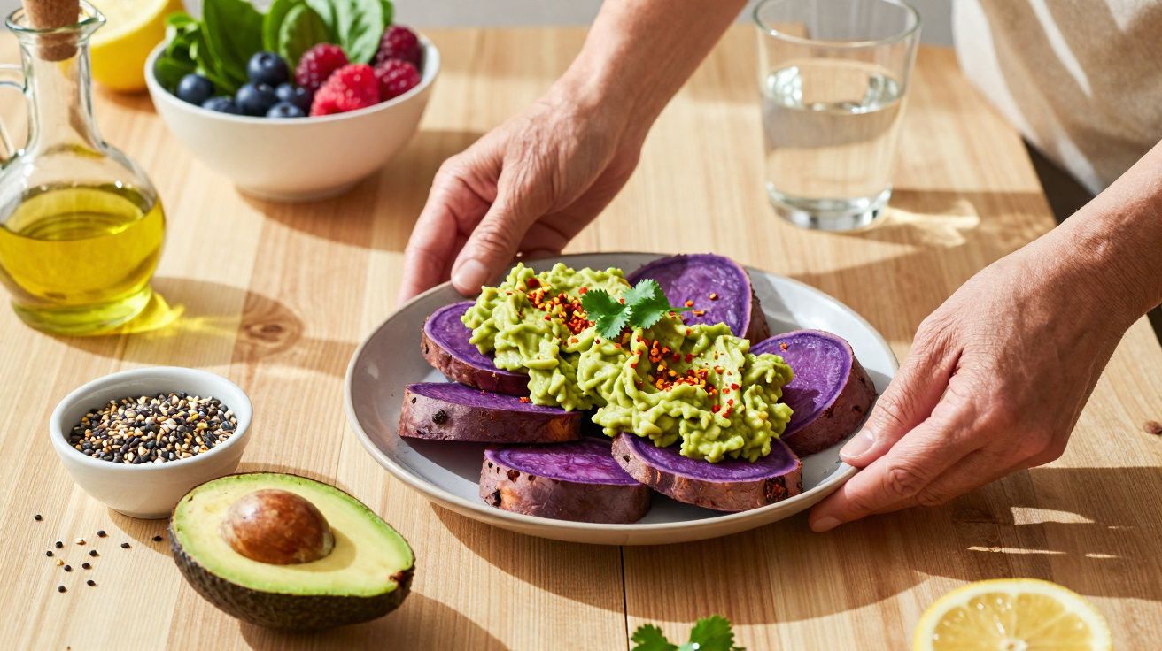 Assiette de patates douces violettes garnies de guacamole épicé, entourée d'avocat, graines, fruits et huile d'olive.