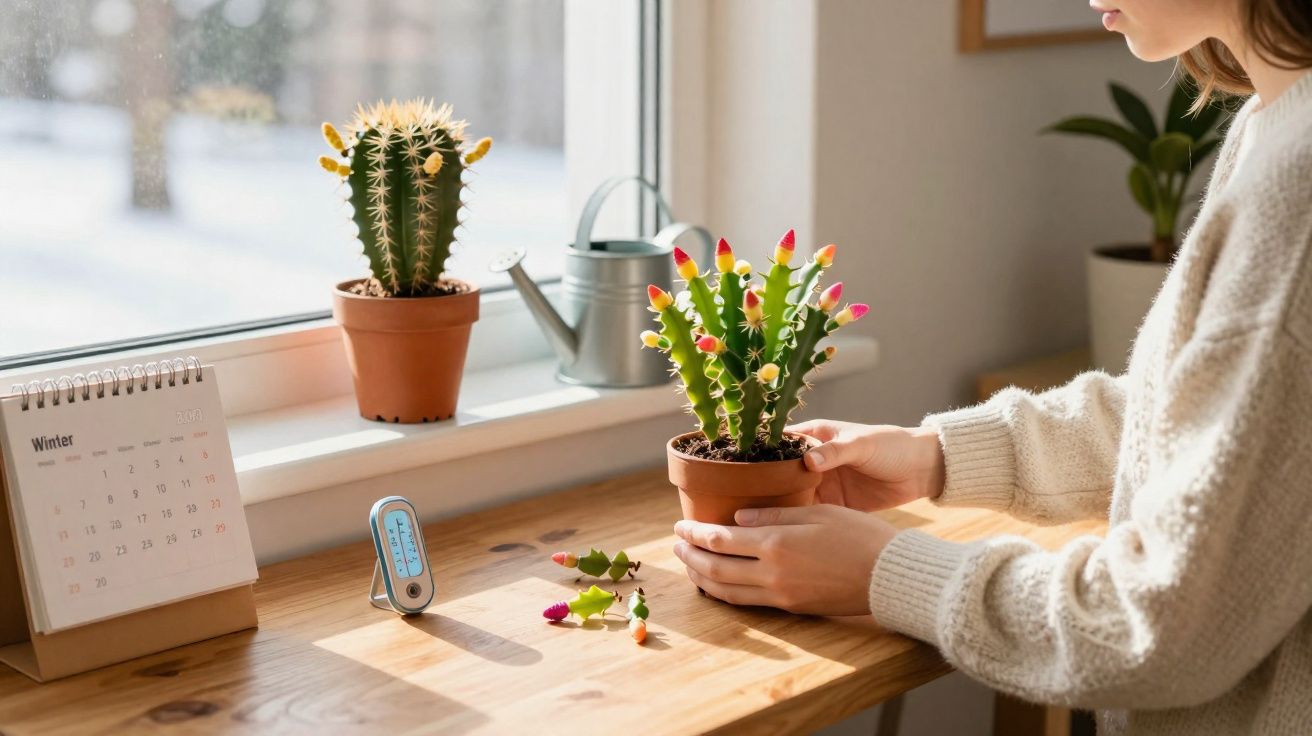 Personne tenant un cactus en pot sur une table en bois près d'une fenêtre avec un arrosoir et un calendrier hiver.