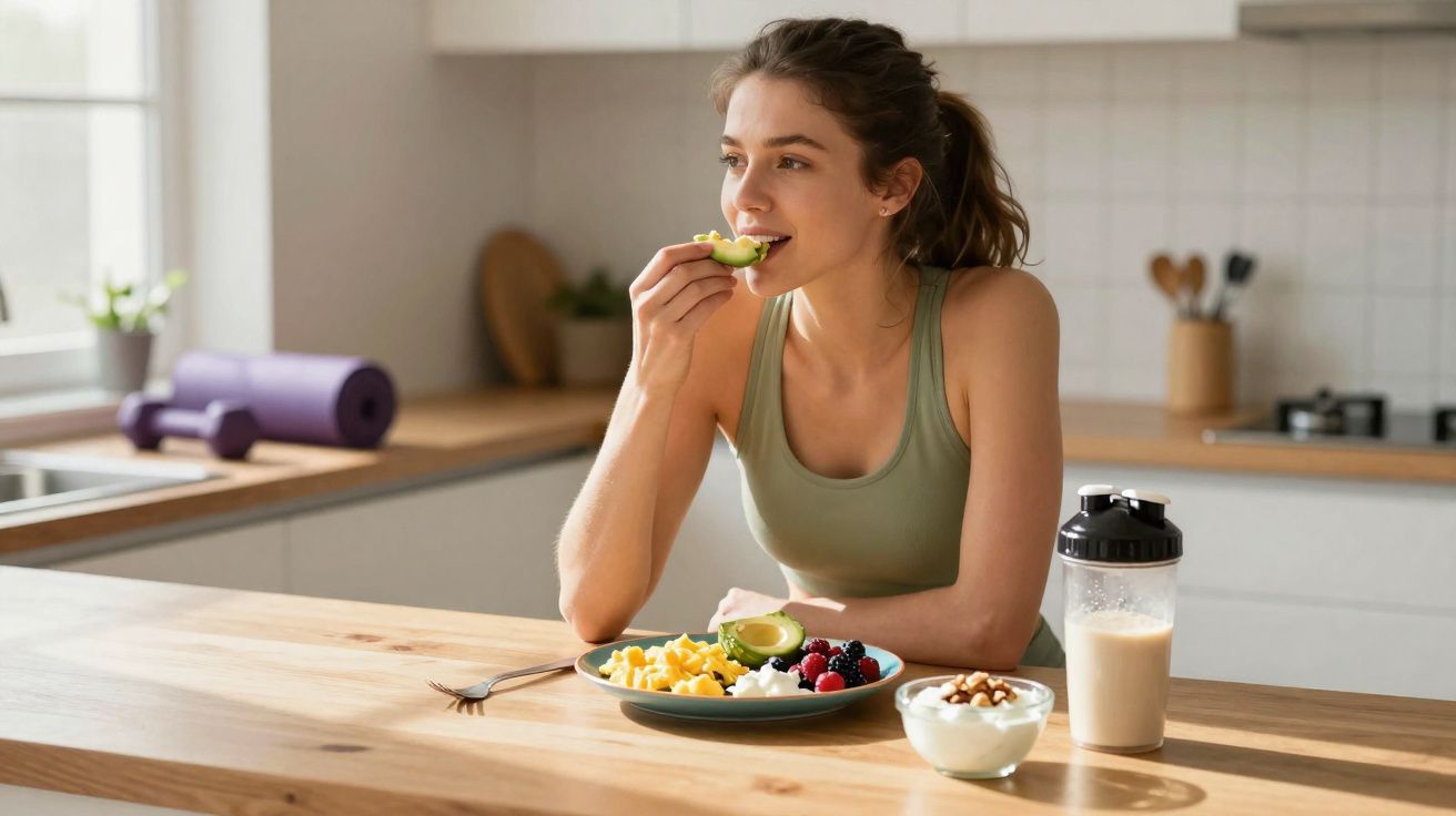 Femme mangeant un repas sain avec avocat, fruits, yaourt et boisson protéinée dans une cuisine moderne lumineuse.