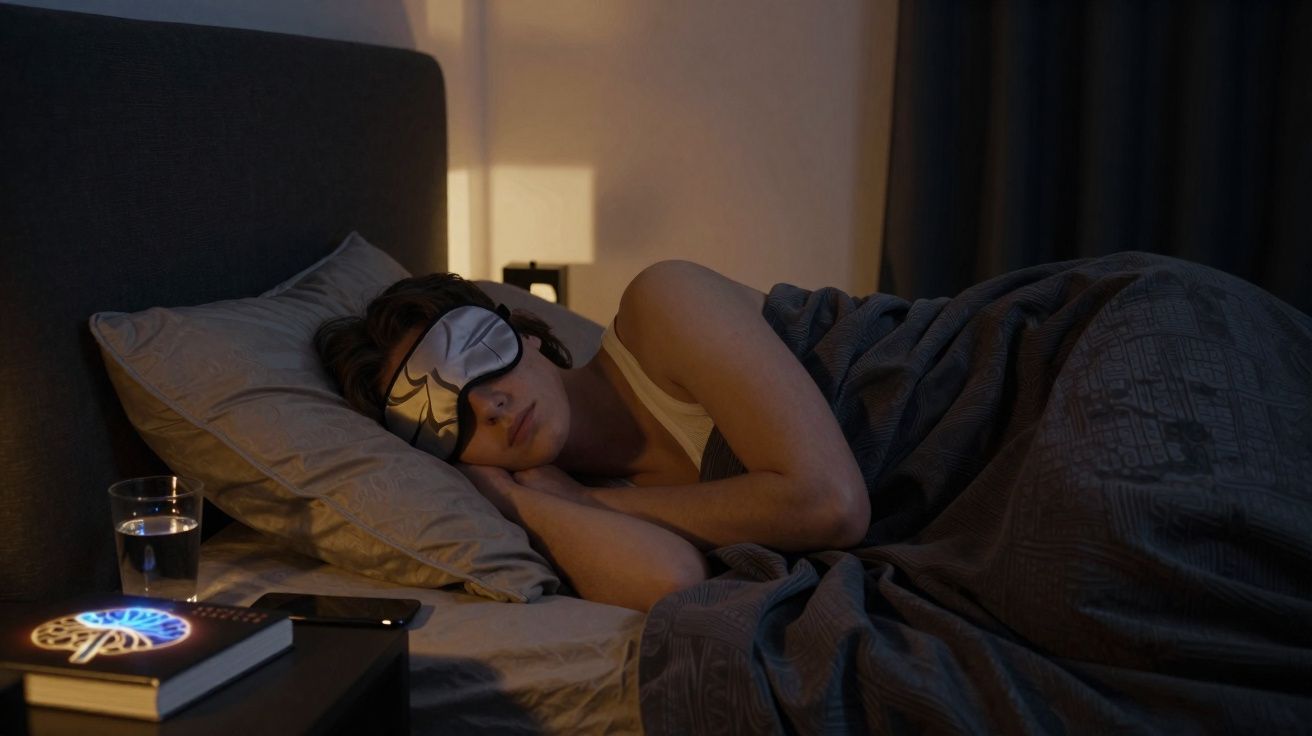 Personne dormant avec un masque de sommeil dans un lit sombre, à côté d'une table avec un verre d'eau et un livre.