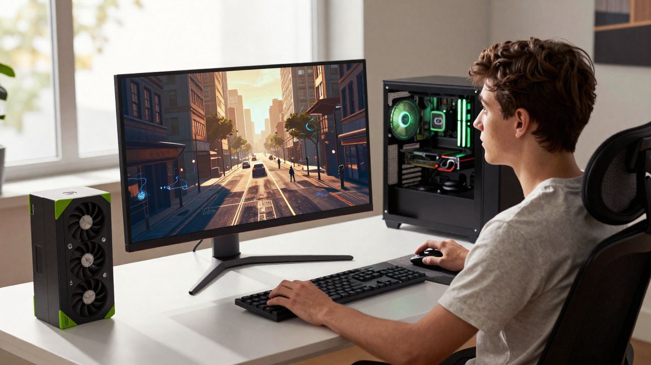 Jeune homme jouant à un jeu vidéo sur un ordinateur de bureau puissant avec écran incurvé.