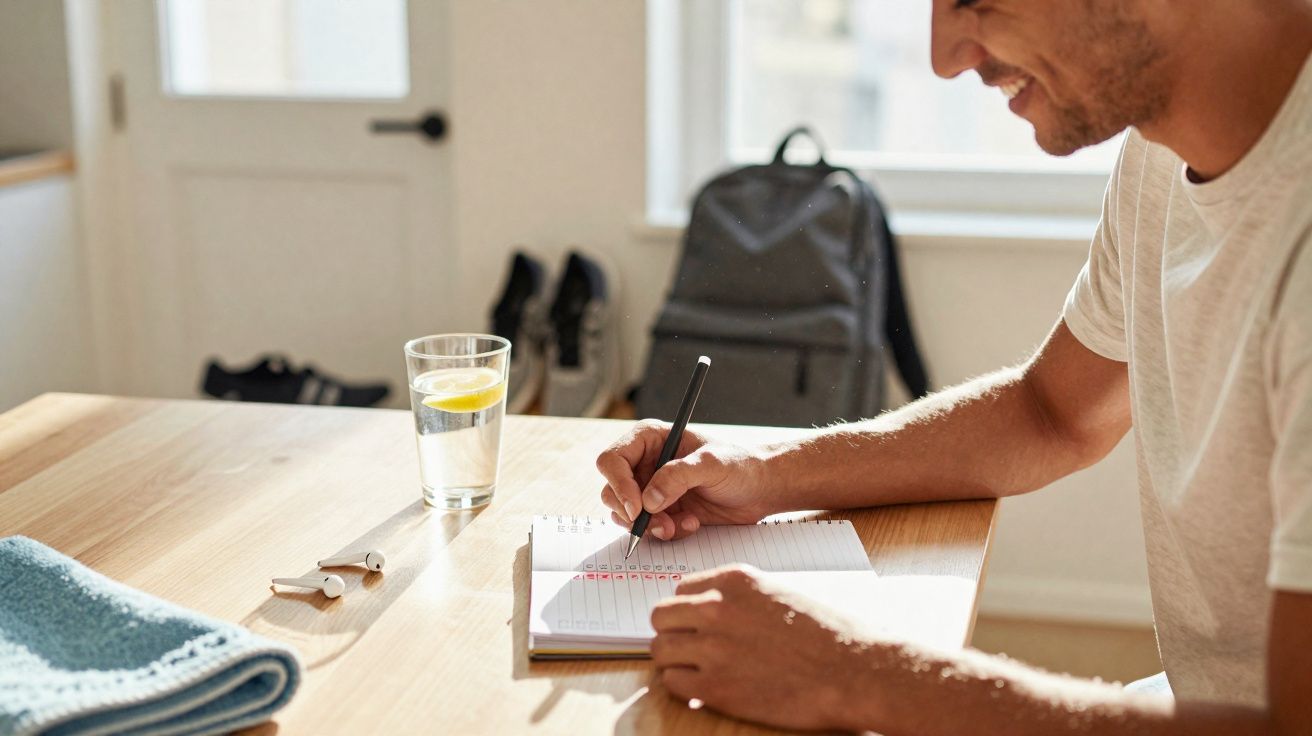 Homme souriant prenant des notes dans un carnet sur une table en bois près d’un verre d’eau citronnée.