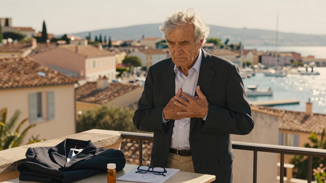 Homme âgé en costume posant une main sur sa poitrine sur une terrasse avec vue sur un port.