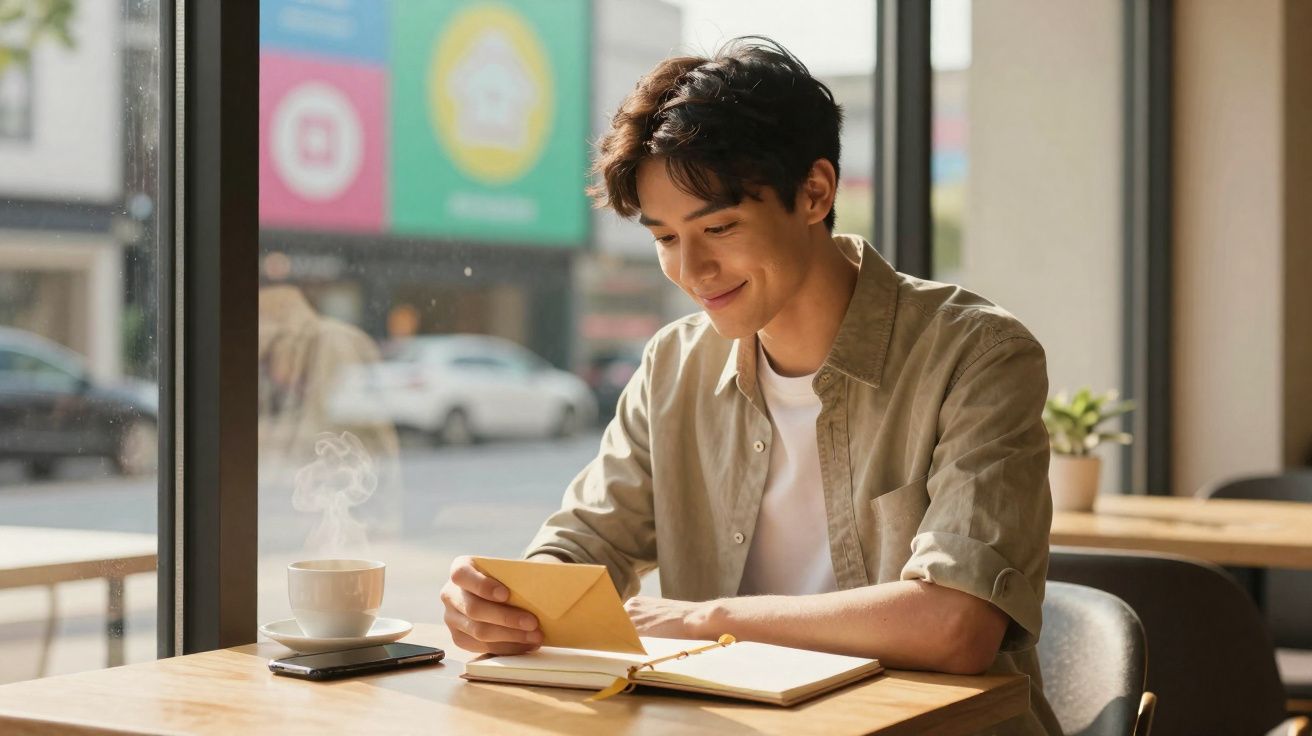 Jeune homme souriant lisant une lettre dans un café avec une tasse de café fumante à côté de lui.