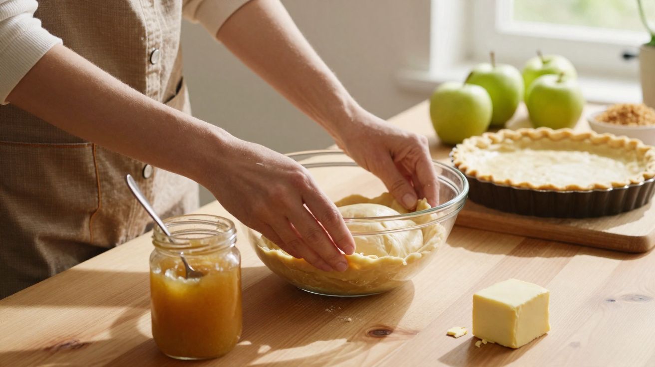 Une personne prépare une pâte à tarte avec pommes et confiture sur une table en bois.