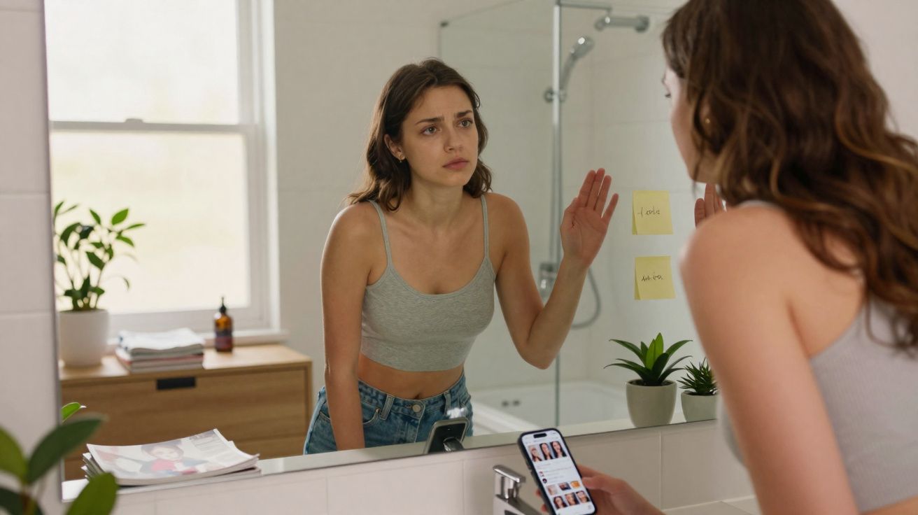 Jeune femme inquiète regardant son reflet dans un miroir de salle de bain, tenant un téléphone portable.