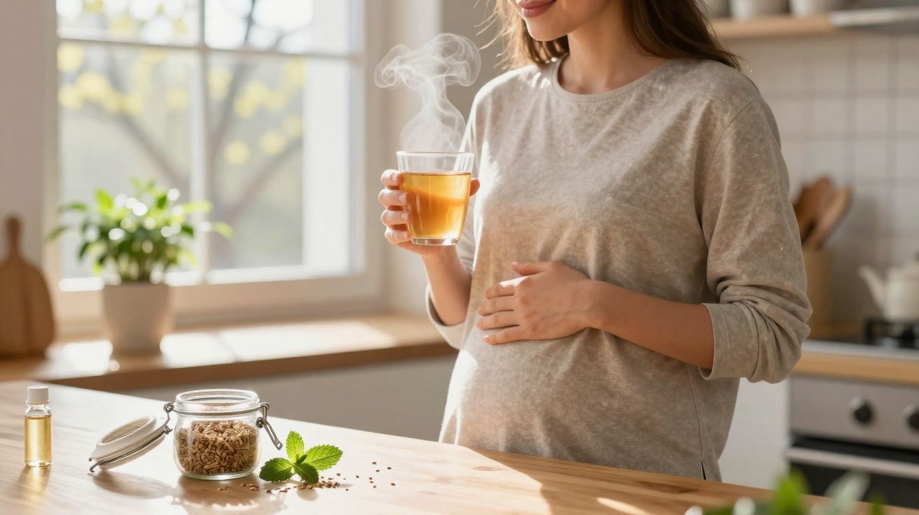 Femme enceinte tenant une tasse de tisane fumante dans une cuisine lumineuse, mains sur le ventre.