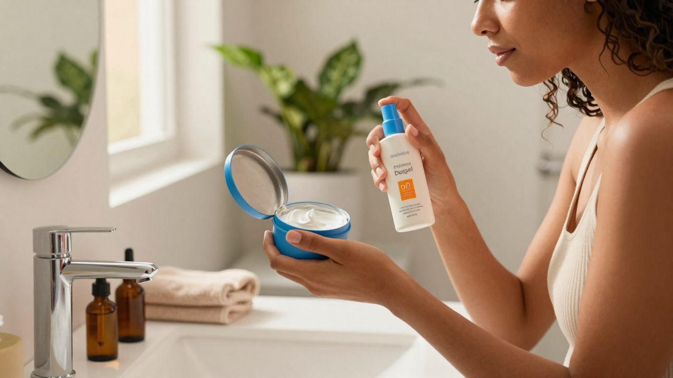 Femme tenant un pot de crème ouverte et un flacon en plastique dans une salle de bain lumineuse.