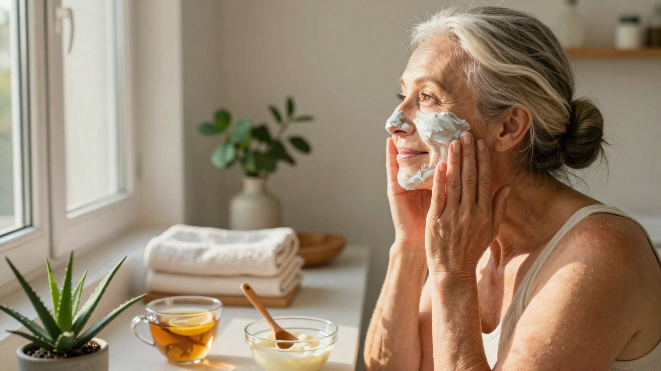 Femme âgée souriante appliquant un masque facial crème près d'une fenêtre ensoleillée.