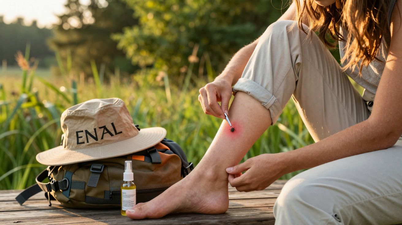 Personne appliquant un produit sur une piqûre de moustique rouge sur la jambe, avec sac à dos et chapeau à côté.