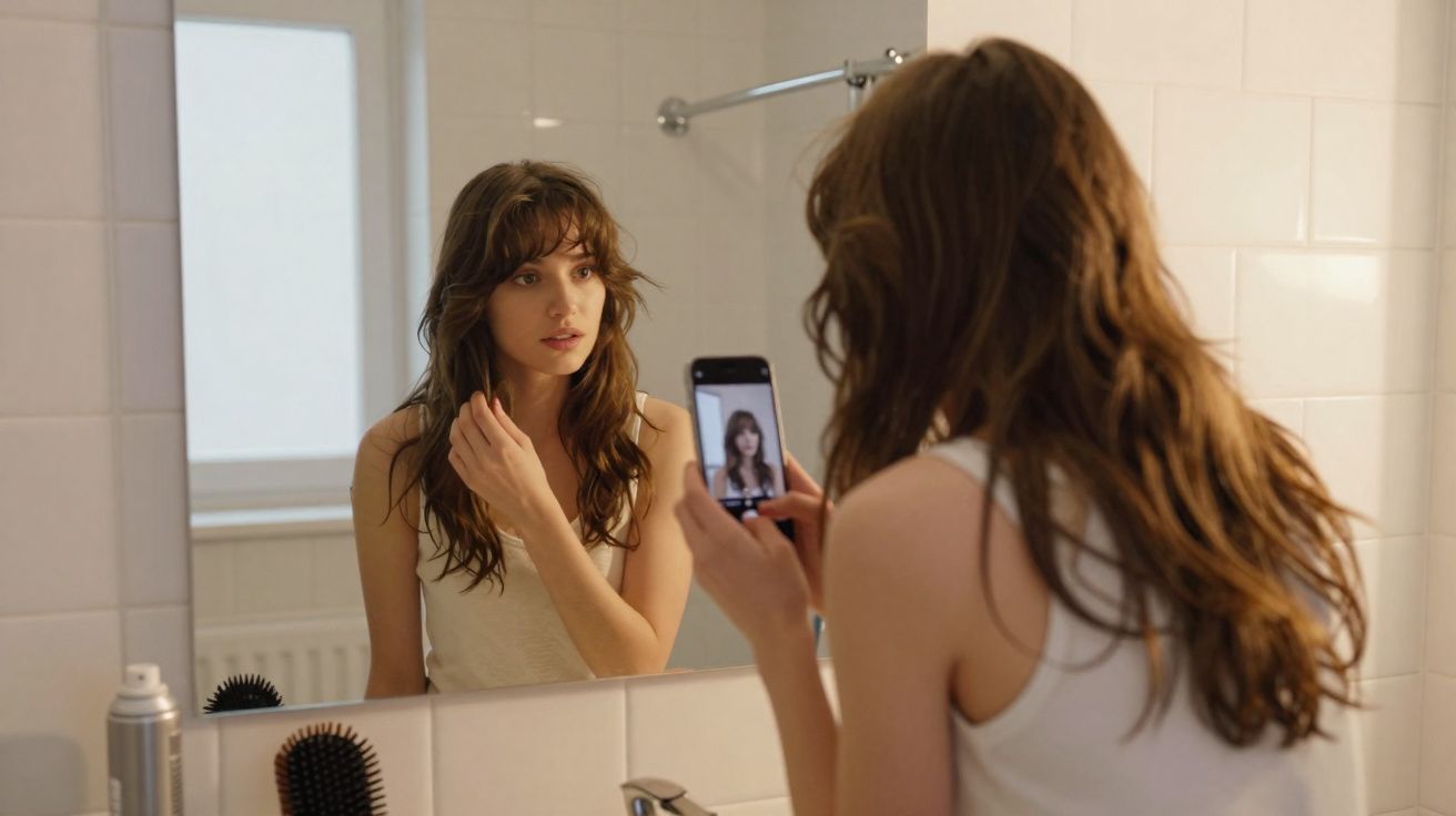 Jeune femme prenant un selfie avec son smartphone devant un miroir dans une salle de bain lumineuse.