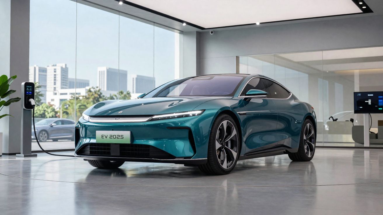 Voiture électrique bleue turquoise en charge dans un showroom moderne avec vue sur des immeubles en arrière-plan.