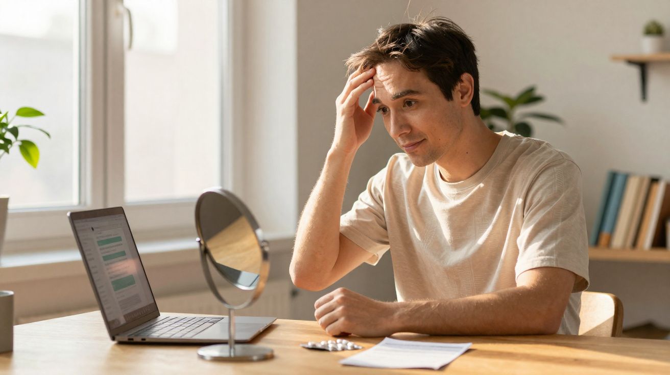 Jeune homme perplexe devant un miroir et un ordinateur portable, avec des médicaments et une ordonnance sur la table.