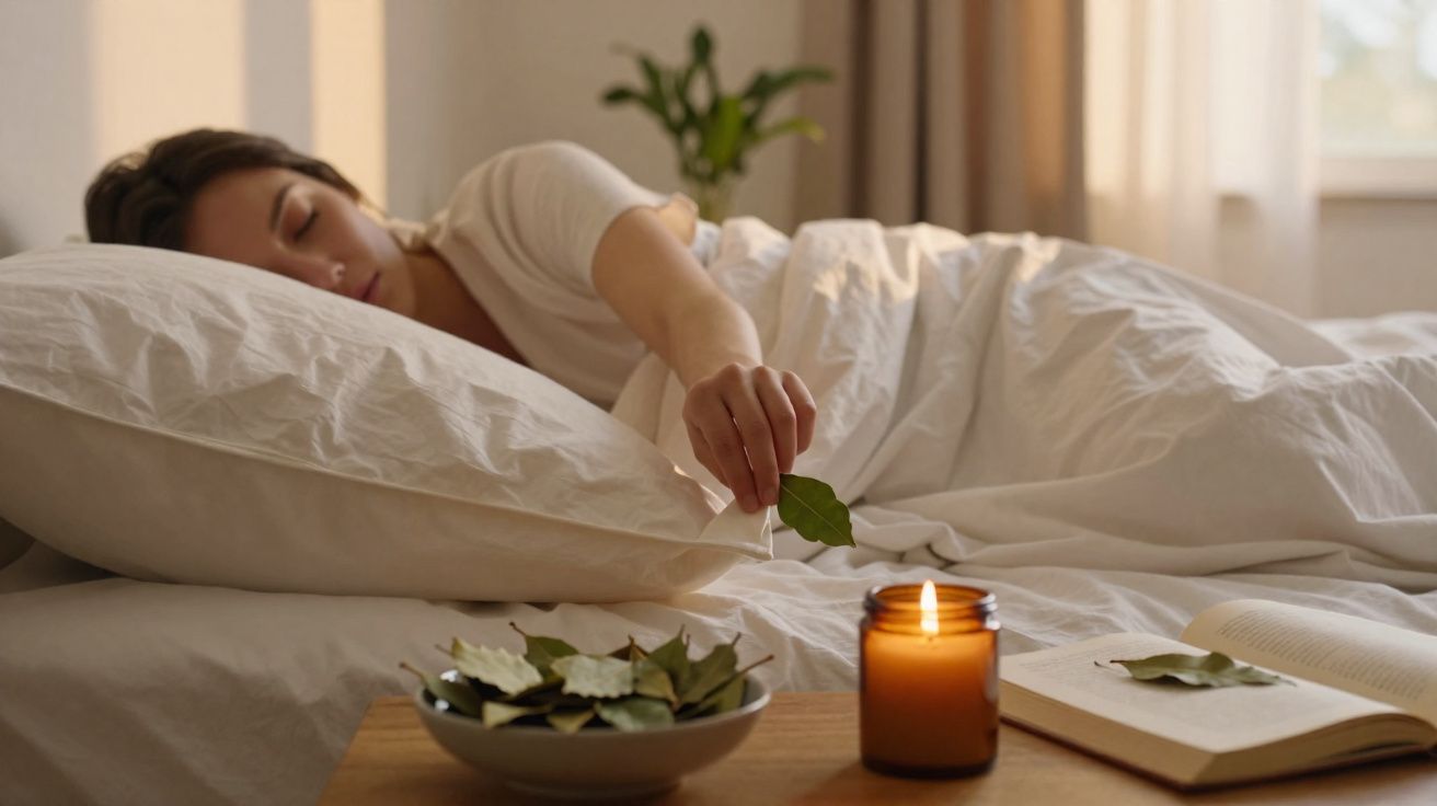 Femme allongée dans un lit blanc, tendant la main vers une feuille près d'une bougie allumée sur une table.
