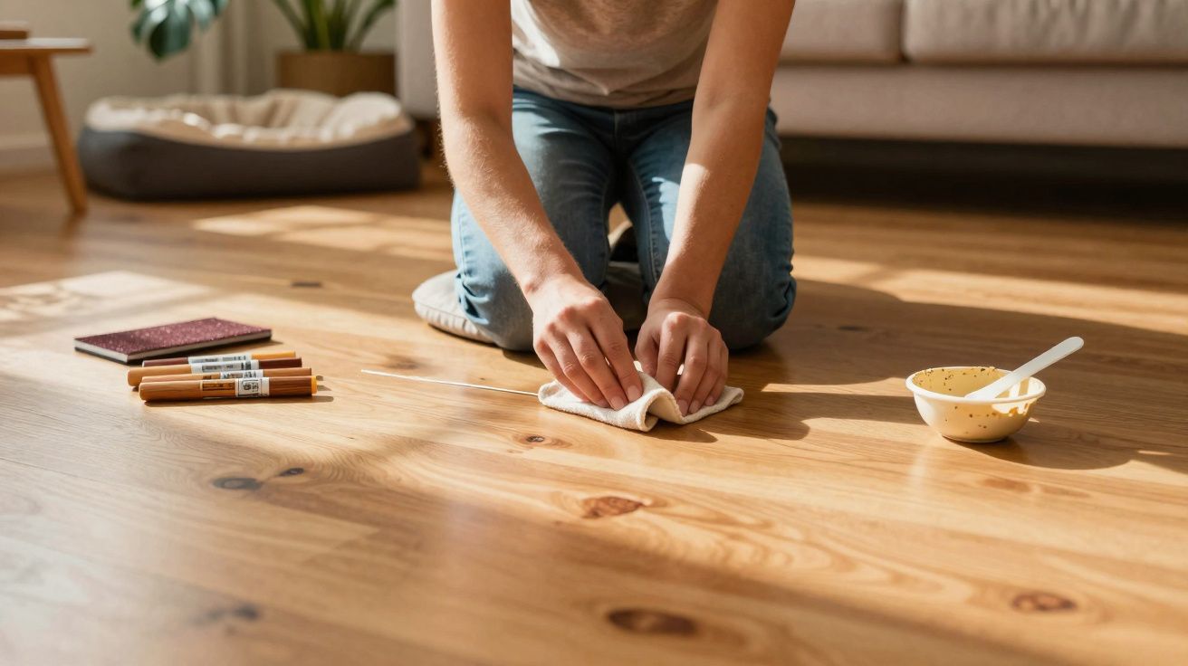 Personne à genoux nettoyant un sol en bois clair avec un chiffon, près d'un canapé et d'un bol.