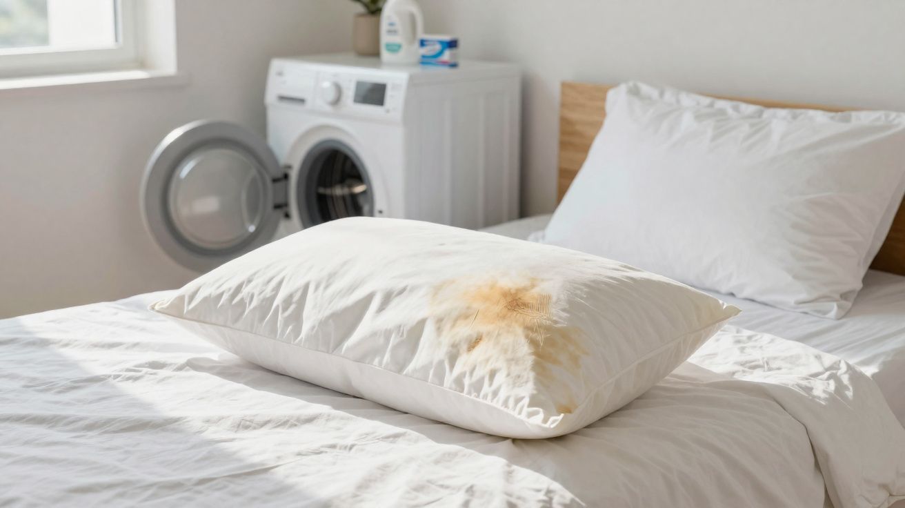 Oreiller blanc taché de jaune posé sur un lit blanc près d'une machine à laver ouverte dans une chambre lumineuse.