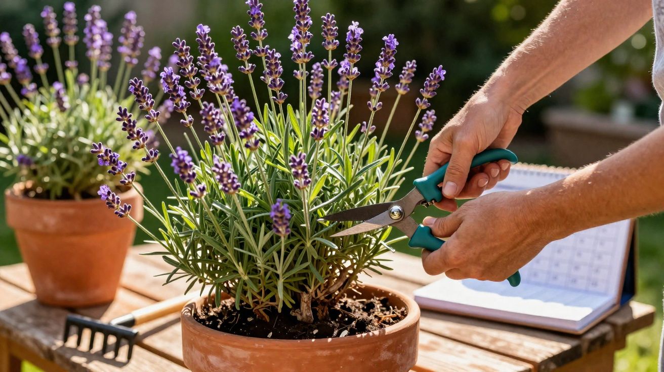 Une personne coupe des fleurs de lavande dans un pot en terre cuite sur une table en bois.