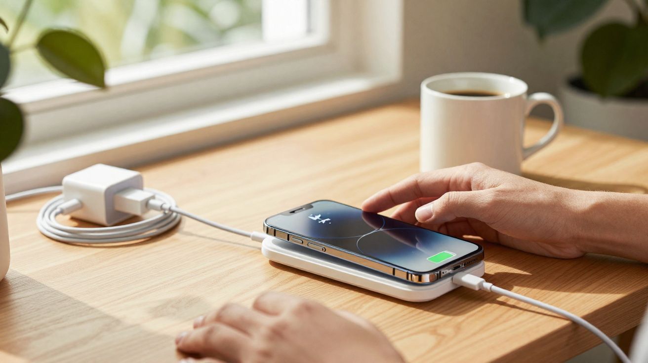 Un smartphone en charge sans fil sur un bureau en bois avec une tasse de café en arrière-plan.