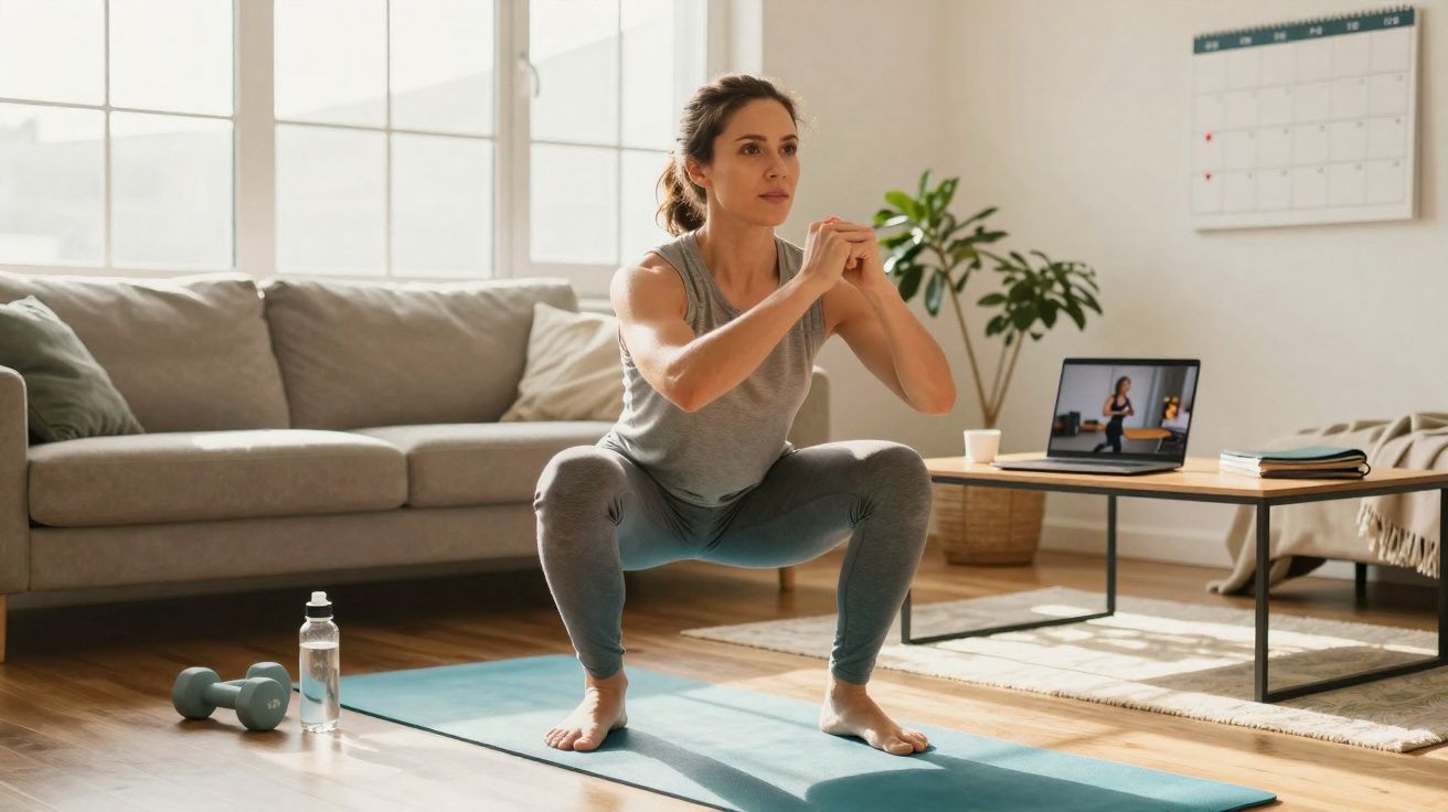 Femme en tenue de sport effectuant un squat sur un tapis bleu devant un ordinateur portable dans un salon lumineux.