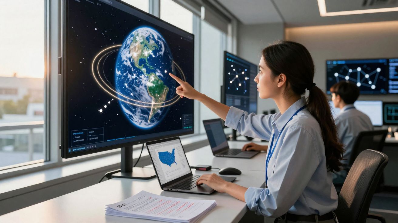 Femme travaillant sur ordinateur avec écran affichant la Terre et données spatiales dans un bureau moderne.