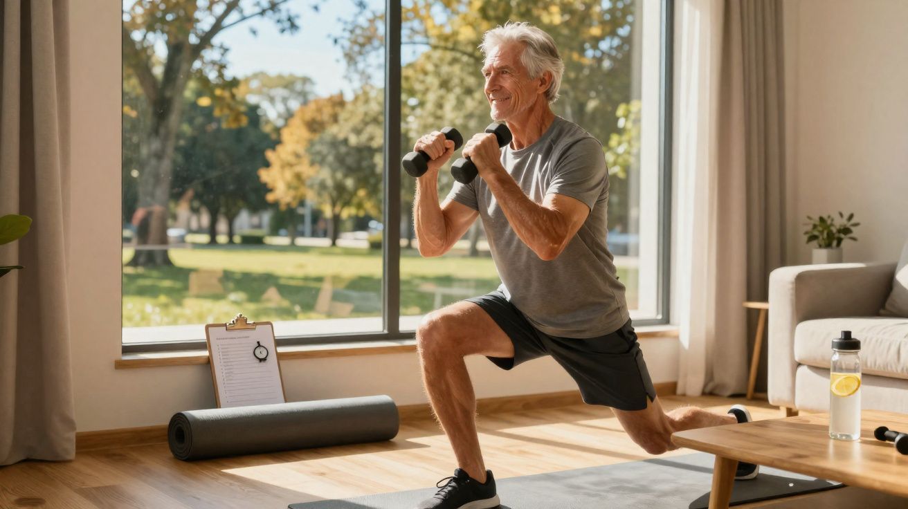 Homme âgé fait des fentes avec haltères dans un salon lumineux avec vue sur un jardin verdoyant.