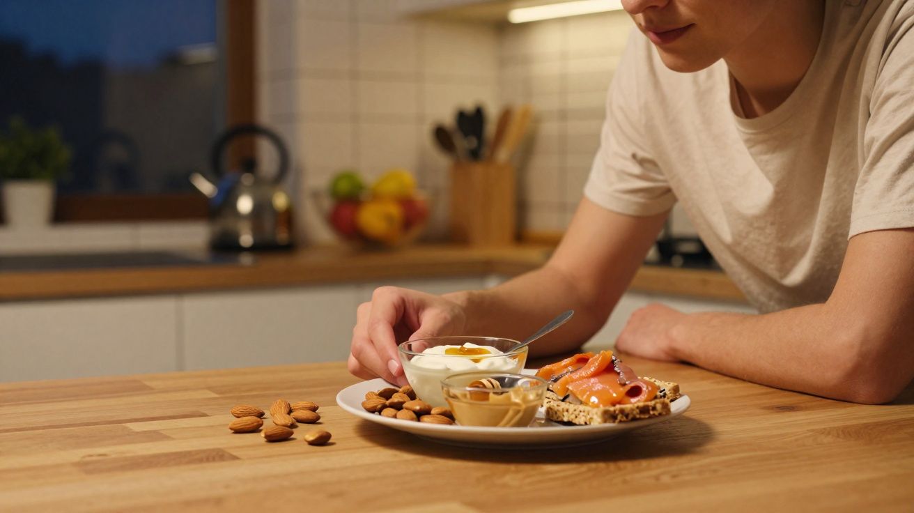 Personne prenant une amande près d'une assiette avec yaourt, amandes, beurre de cacahuète et pain au saumon fumé.
