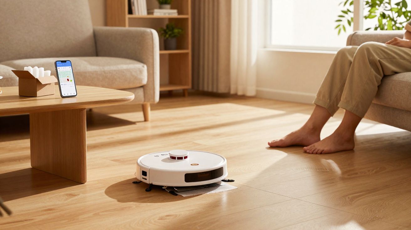 Robot aspirateur nettoyant le sol d'un salon moderne en bois, avec une personne assise sur un canapé.