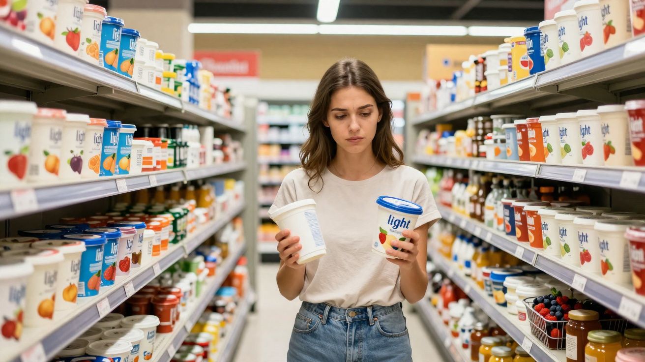 Jeune femme hésitant devant deux pots de yaourt dans une allée de supermarché bien garnie.