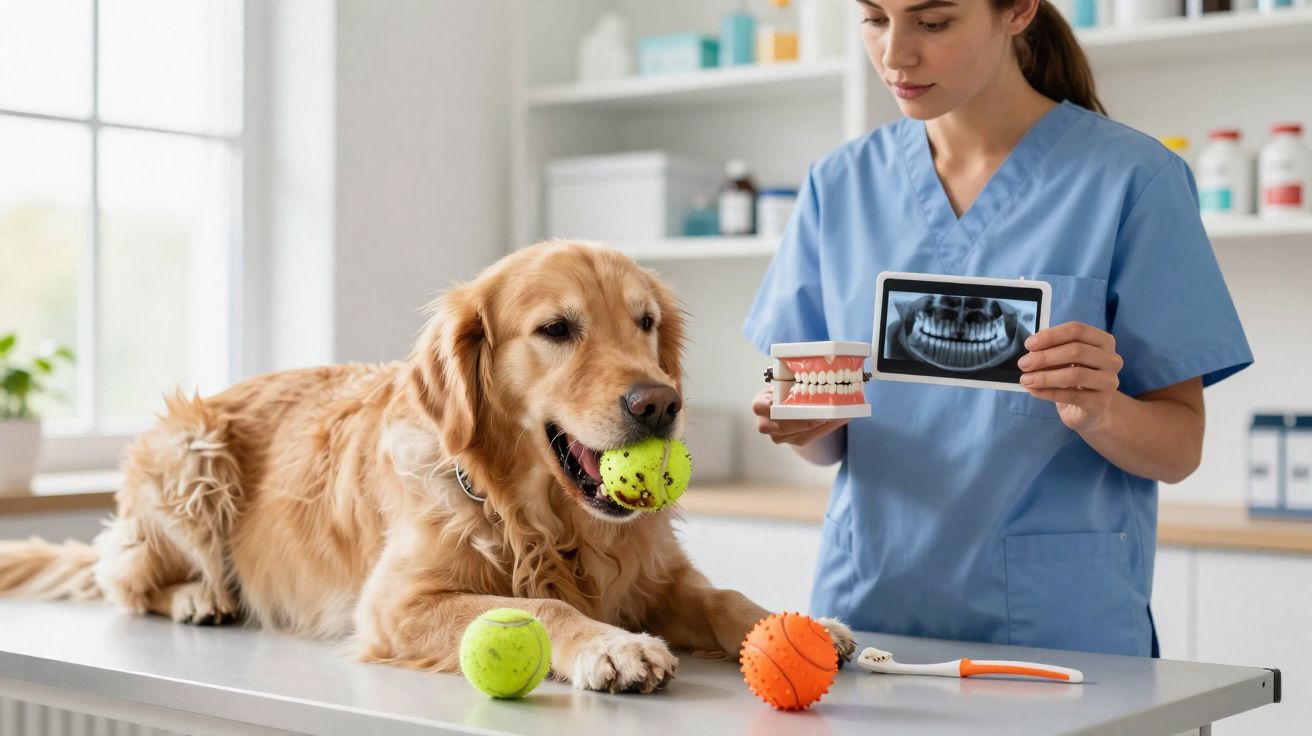 Vétérinaire montrant une radiographie dentaire et un modèle de dents, chien Golden Retriever avec balle dans la gueule.