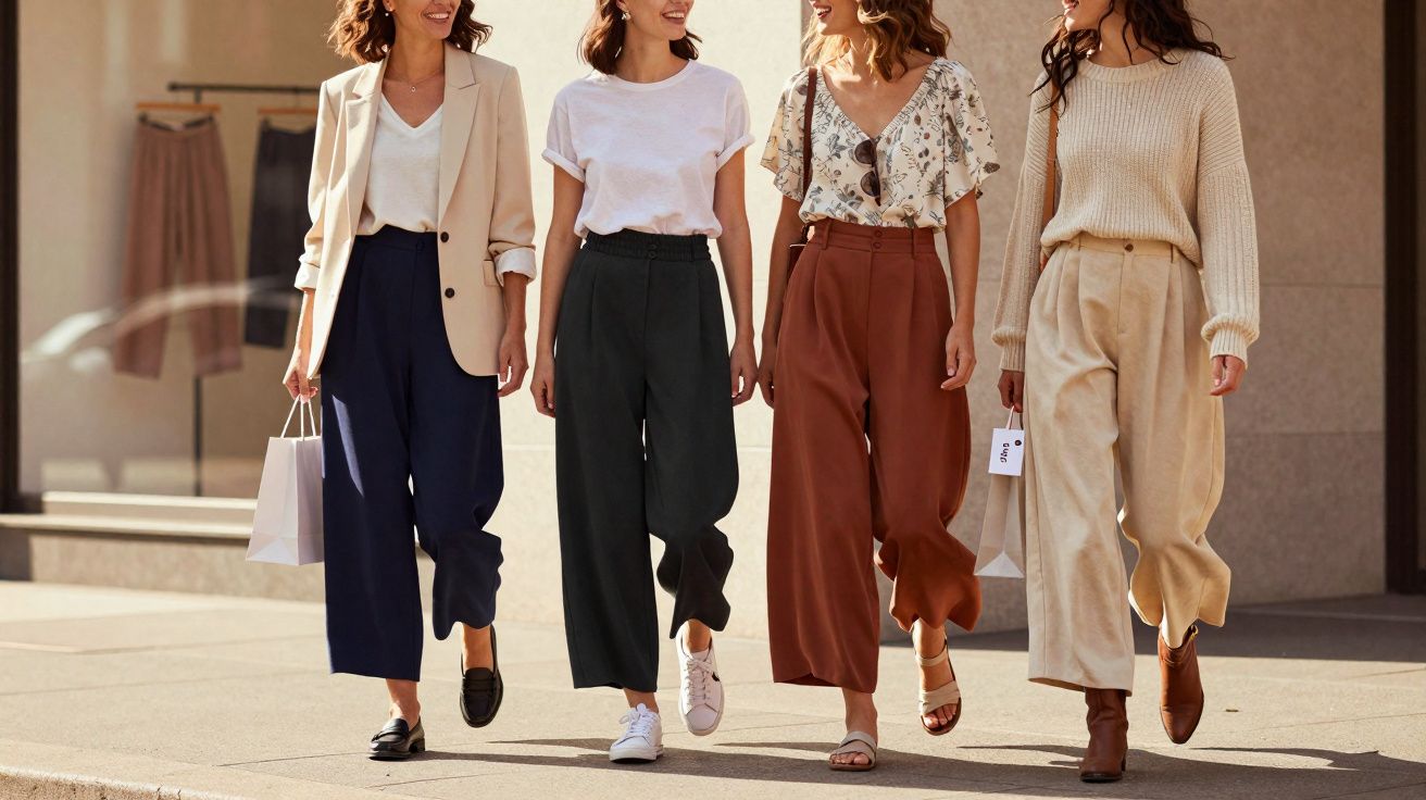 Quatre femmes souriantes marchant en pantalon ample dans la rue, chacune avec un style décontracté chic.