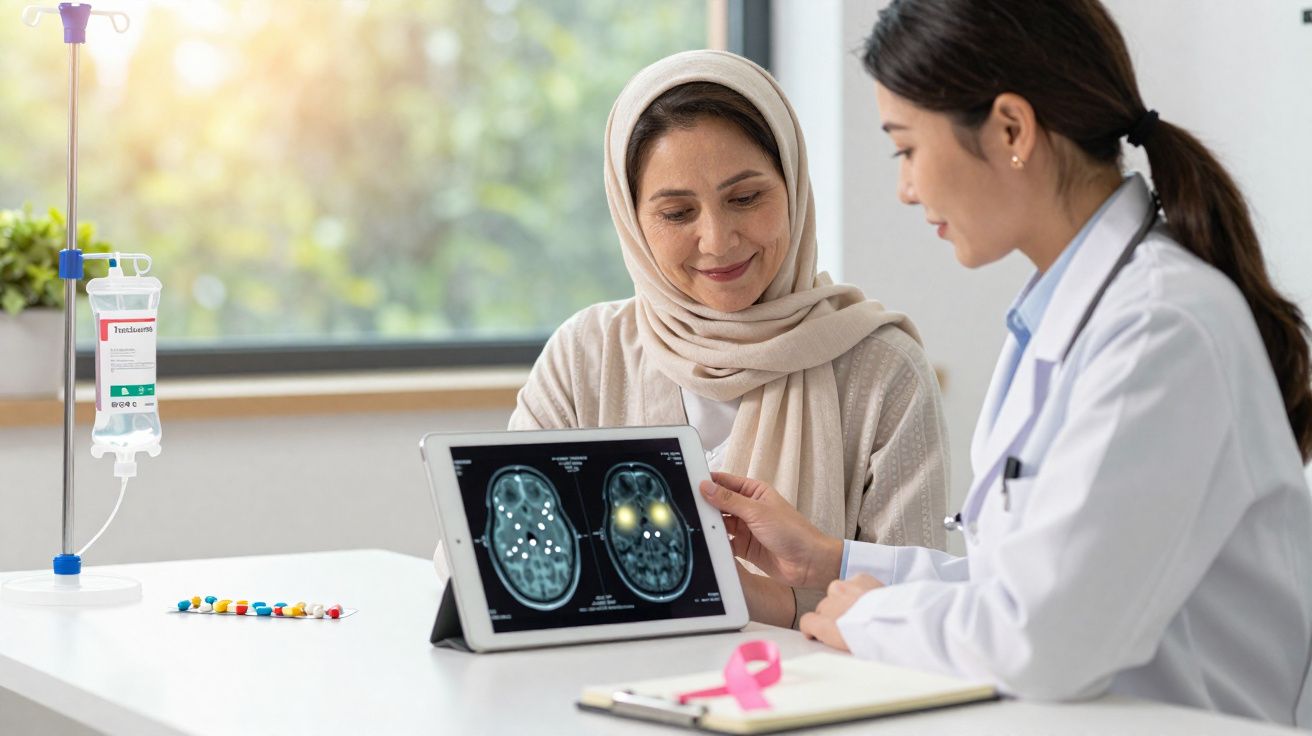 Une patiente voilée consulte des images de scanner cérébral avec une médecin dans un cabinet médical lumineux.