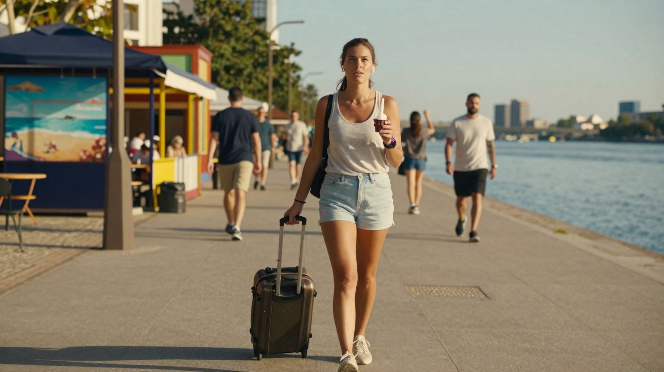 Jeune femme marchant au bord de l'eau avec une valise et un café à emporter, sous un ciel ensoleillé.