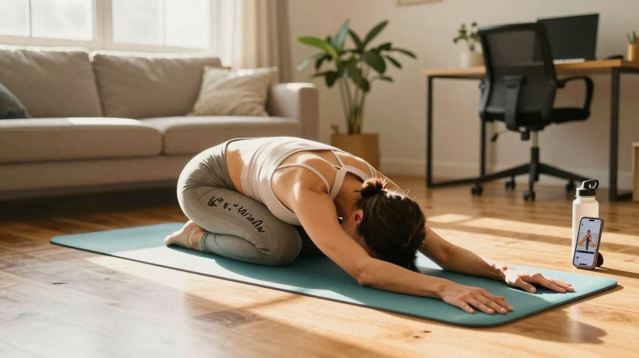 Femme pratiquant le yoga chez elle, en posture de l’enfant sur un tapis bleu dans un salon lumineux.