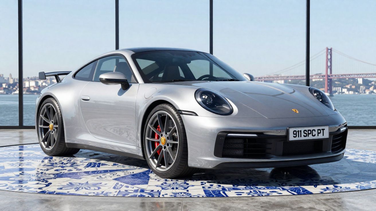 Voiture de sport Porsche 911 grise stationnée sur un sol décoré avec une vue sur un pont au loin.