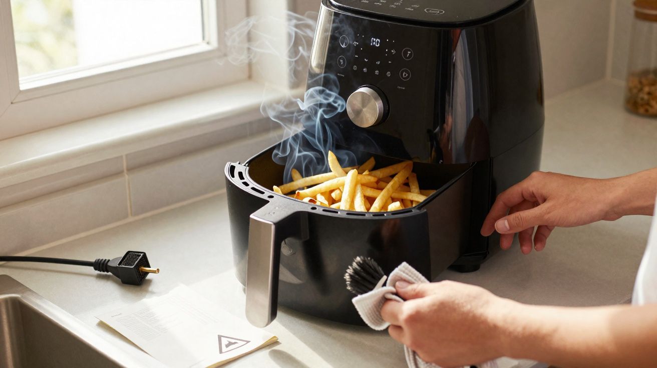 Frites chaudes fumantes sortant d’une friteuse électrique moderne débranchée posée sur un plan de travail.