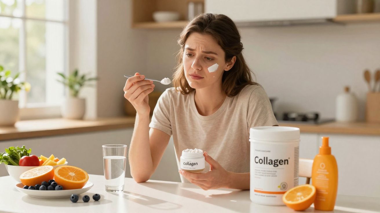 Femme appliquant une crème au collagène sur son visage dans une cuisine avec fruits et bouteille solaire.