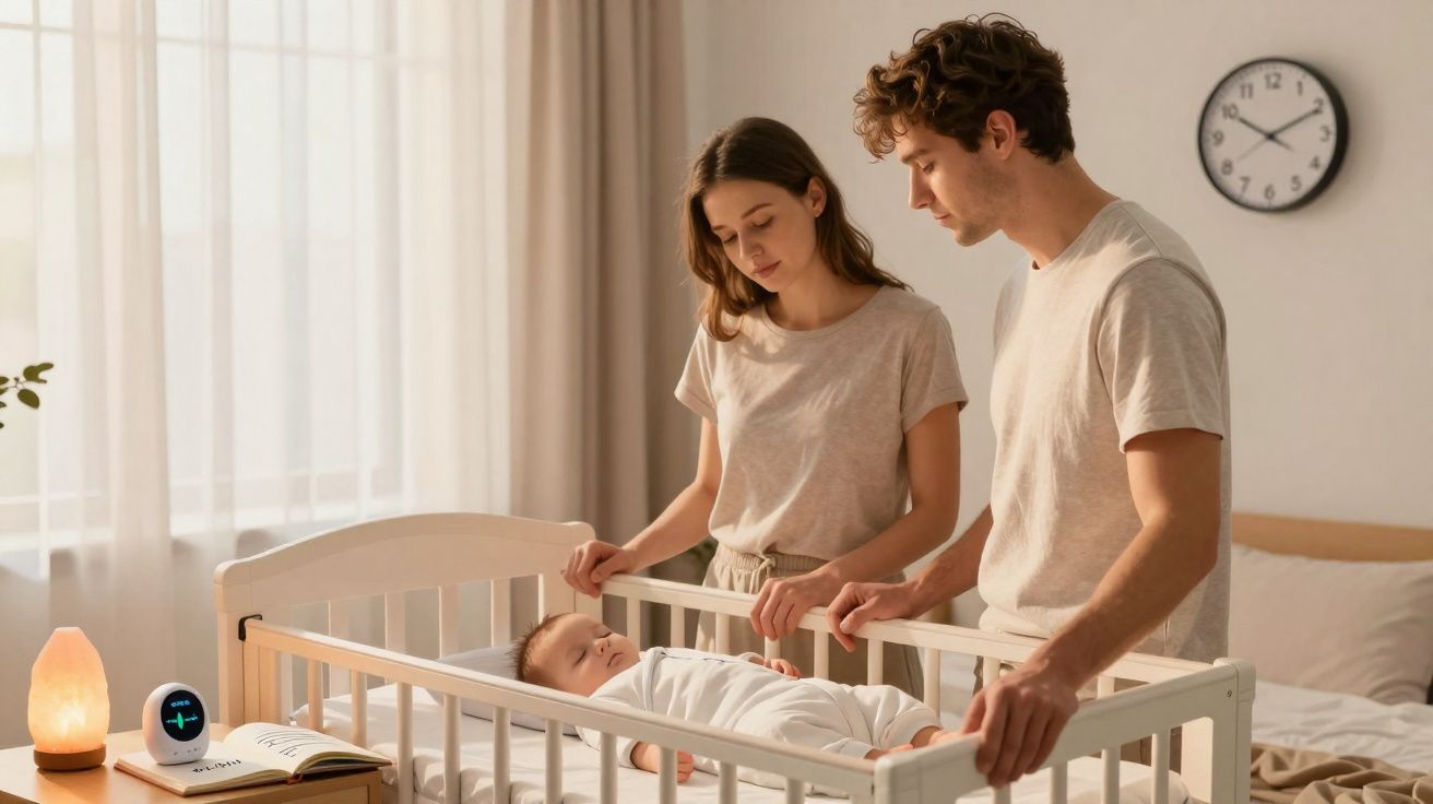Jeune couple regarde leur bébé endormi dans un berceau blanc dans une chambre lumineuse.