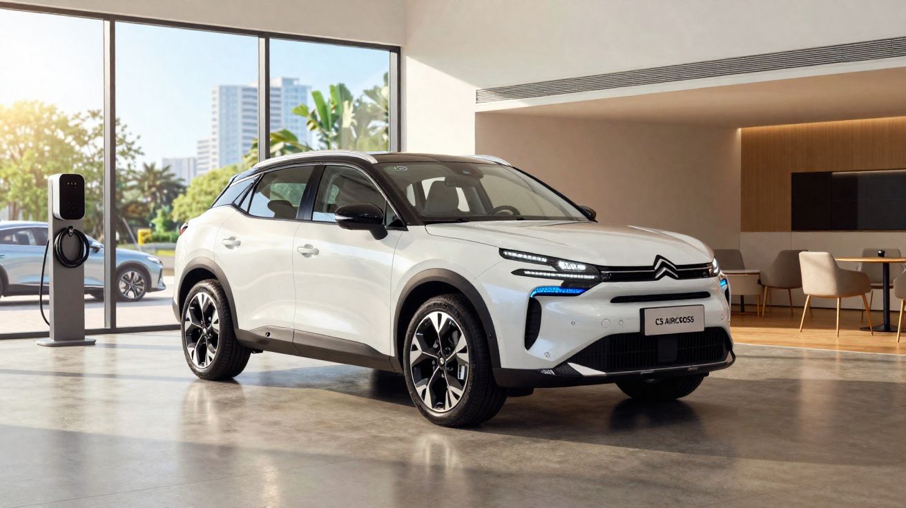 SUV électrique blanc Citroën C5 Aircross exposé dans un showroom moderne et lumineux avec borne de recharge.