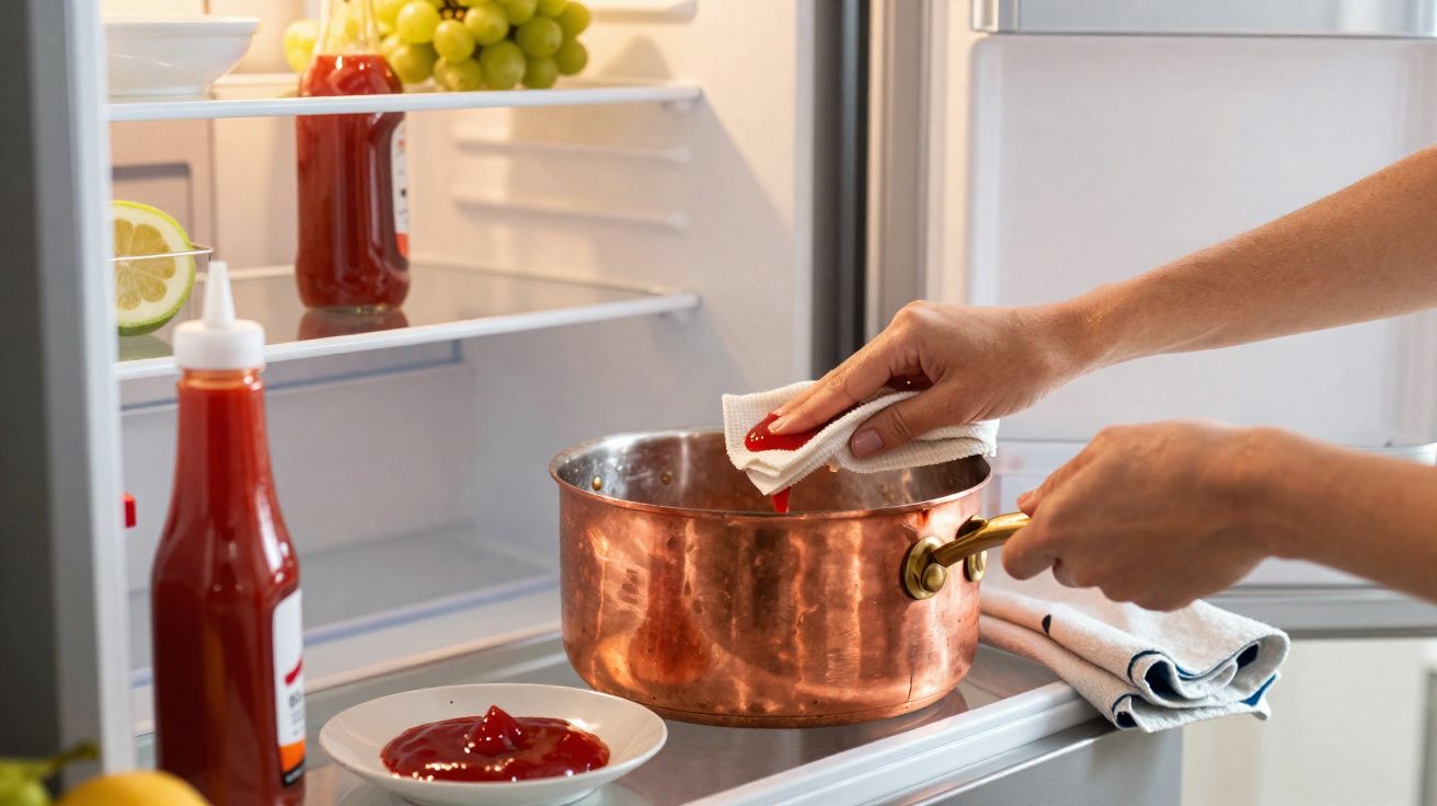 Personne essuyant une casserole en cuivre avec un chiffon, ketchup dans un réfrigérateur ouvert.