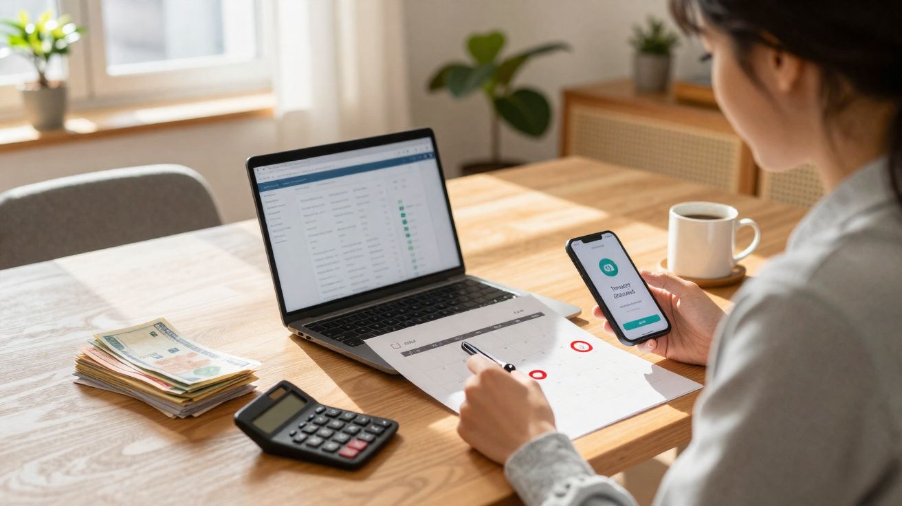 Personne travaillant à une table avec ordinateur portable, téléphone, documents, calculatrice et argent.