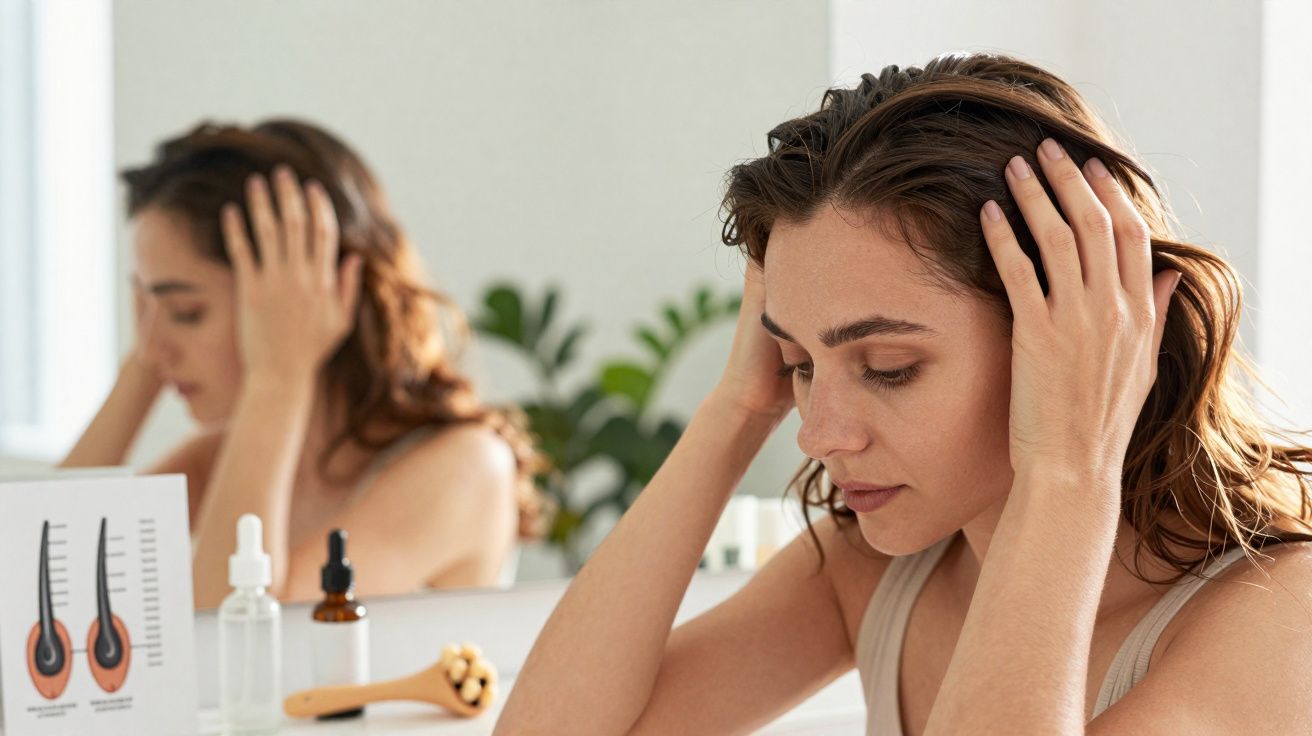 Femme préoccupée prenant soin de ses cheveux devant un miroir avec des produits capillaires sur la table.