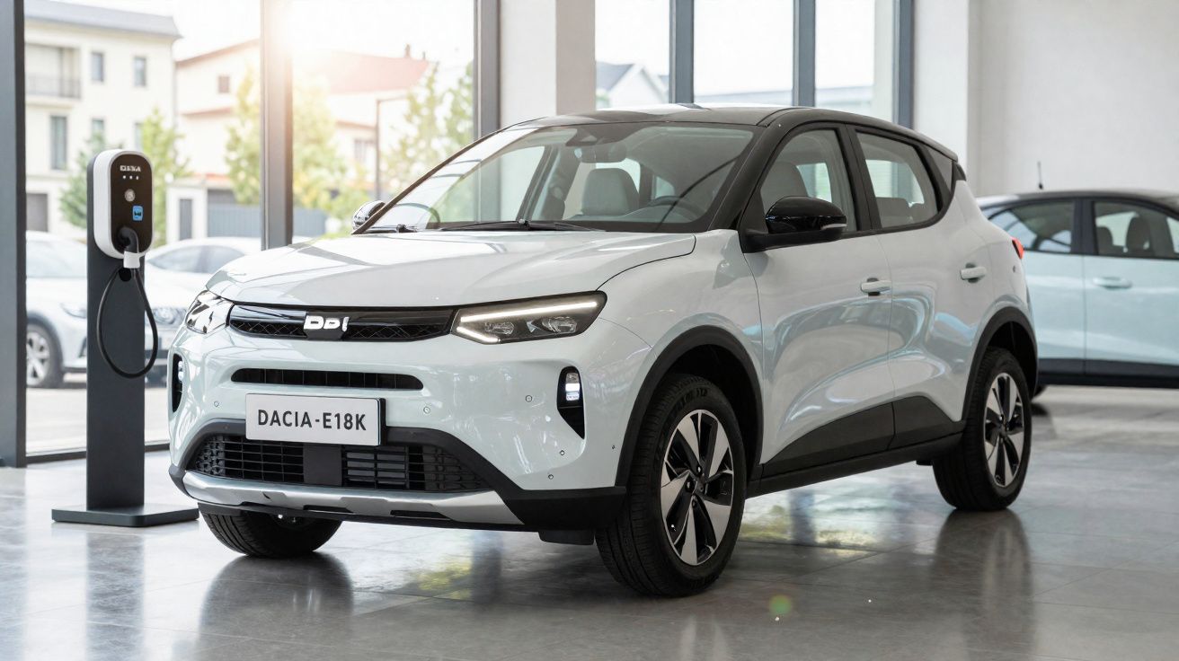Voiture électrique blanche Dacia E18K en exposition intérieure avec borne de recharge à côté.